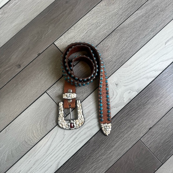 LeatherRock Vintage Tan Leather Belt W/Blue Studs And Multicolored Rock |Size:36 main image 5